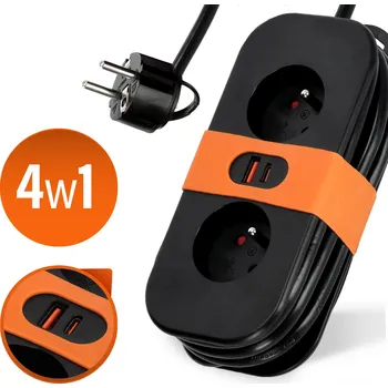 Napájecí kabel Prodlužovací Kabel FLOWFLEXER ORANGE 2 zásuvky 1,4m s uzemněním + 2xUSB černý KOBI