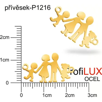 Přívěsek Přívěsek Ocel ozn-P1216 RODINKA 2x otvor velikost 23x13mm tl.1.0mm. Velikost otvoru pr. 1,5mm.Barva POZLACENO. Řada přívěsků ProfiLUX
