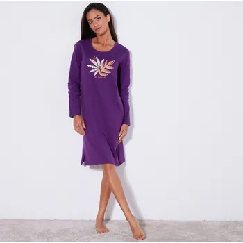 Dámská noční košile Krátká noční košile s dlouhými rukávy a potiskem naturel fialová 52