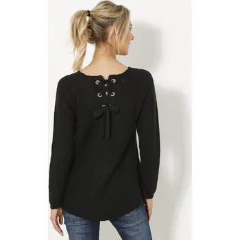 Dámský svetr Dlouhý pulovr se šněrováním na zádech, z hladkého úpletu černá 38/40