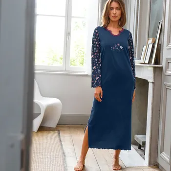 Dámské noční prádlo Noční košile s potiskem květin, dlouhé rukávy nám.modrá 34/36