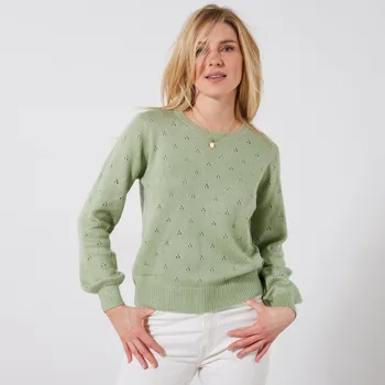 Dámský svetr Pulovr s kulatým výstřihem z úpletu pointelle zelená mořská 46/48