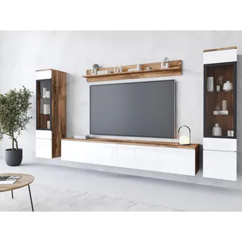 Obývací stěna Nábytková Stěna RTV 180 cm do obývacího pokoje, 2 vitríny a police, wotan / bílý lesk