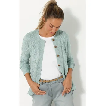 Dámský svetr Svetr na knoflíky s copánkovým vzorem šedozelená 52