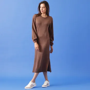 Dámské šaty Dlouhé pletené šaty hnědošedá 38/40