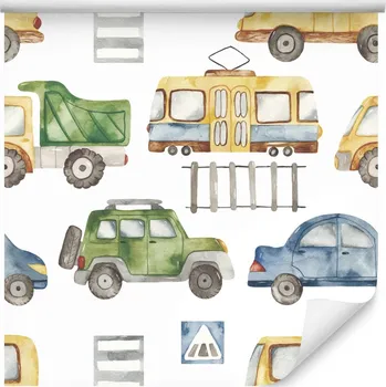 Fototapeta Tapeta pro kluka AUTA Tramvaje Sklápěčky Akvarel
