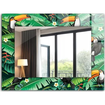 Zrcadlo Dekorativní zrcadlo na zeď s potiskem, dekor 80x60 cm - Tukanové, listy, džungle