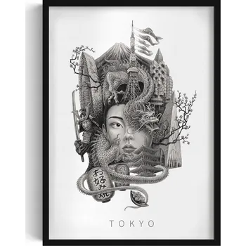 Obraz Dekorativní nástěnný obraz v rámu Černobílý Tokio Drak Višňový květ 50x70 cm