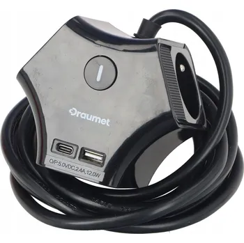 Napájecí kabel DRAUMET prodlužovací kabel kostka černá 3 zásuvky 3,0 m s vypínačem USB-A/USB-C