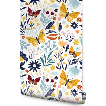 Tapeta Dekorativní tapeta BAREVNÉ Květiny Motýli Listy Vintage