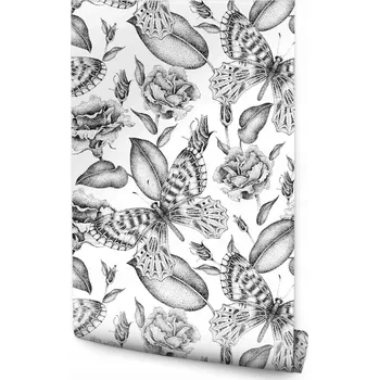 Fototapeta Černobílá tapeta s růžemi a motýly do ložnice