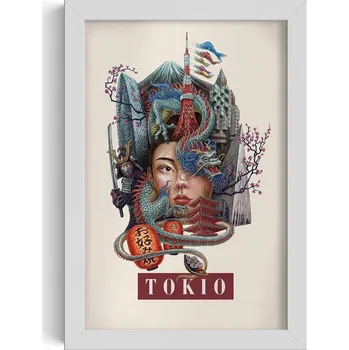 Obraz Obraz s rámem a grafikou na zeď Vintage retro styl Město Tokio 20x30 cm