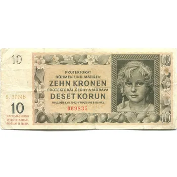 Protektorát Čechy a Morava. 10 korun 1942. Série Nb 37. Hej. 37b2.