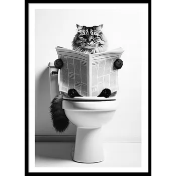 Obraz OBRAZ PLAKÁT V RÁMU do Koupelny WC Toalety KOT NA ZÁCHODĚ noviny P2623_A4