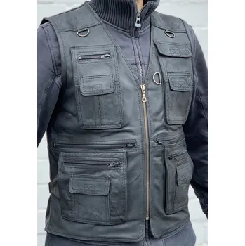 Moto bunda Černá kožená vesta pro kutily s velkými kapsami, velikost 7XL