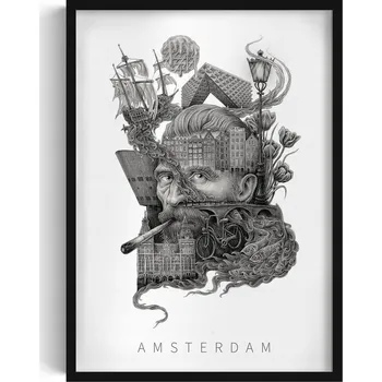 Obraz Dekorativní nástěnný obraz s grafikou Černobílý Amsterdam Tulipány Kolo 50x70