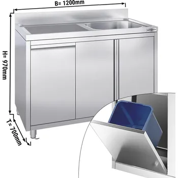 Kuchyňská skříňka G.Gastro Dřezová skříňka z nerezové oceli s odpadkovým košem - 1,2 m - 1 dřez vpravo - D 50 x Š 50 cm