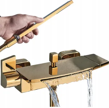 Vodovodní baterie Vanová a sprchová baterie s jednou pákou, nástěnná Ari Waterfall, zlatá