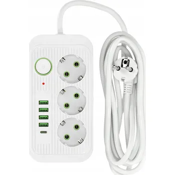 Napájecí kabel Prodlužovací Kabel ROZBOČKA 3 zásuvky 3m s uzemněním a vypínačem + 5x USB BÍLÁ