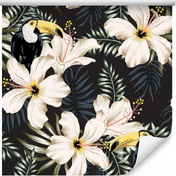 Fototapeta Tapeta do ložnice tropické KVĚTY listy ptáci