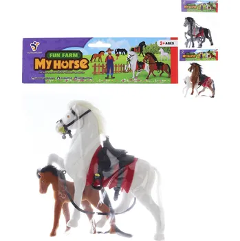 Figurka Kůň se sedlem a otěžemi fliškový set s hříbátkem 3 druhy flíska