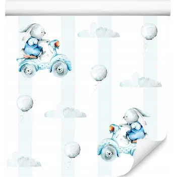 Fototapeta Tapeta Do Pokoje Děti KRÁLÍČCI Skútry Balónky Obláčky Pohádka Proužky