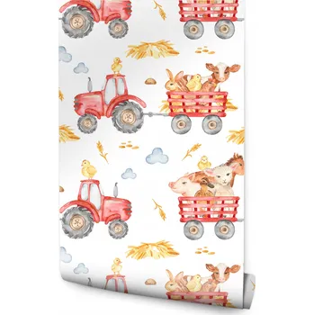 Fototapeta Dětská tapeta TRAKTORY Farma Zvířata Akvarel