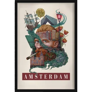 Obraz Ozdobný nástěnný obraz v rámu Vintage retro styl Město Amsterdam 40x60 cm
