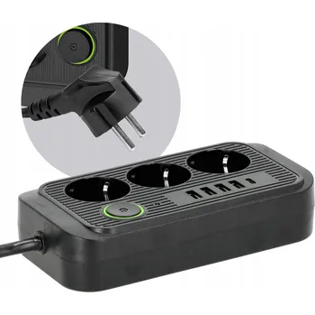 Napájecí kabel Prodlužovací Kabel Zásuvková Lišta 3 m 3 gn + 4x USB-A + USB-C Vypínač Černý