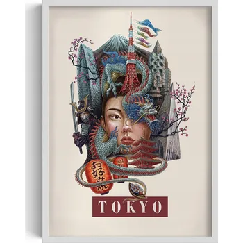 Obraz Obraz s rámem a grafikou na zeď Vintage retro styl Město Tokio 50x70 cm