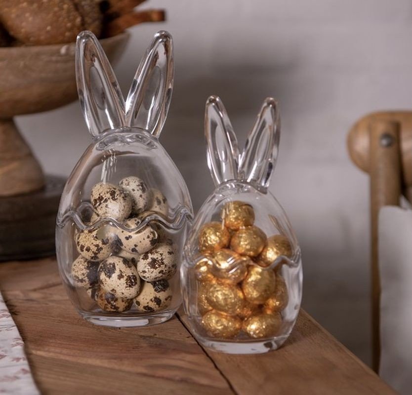 Skleněná dóza s víkem ve tvaru vejce se zaječími oušky L - Ø 10*21 cm