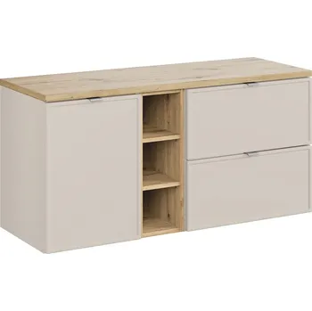 Policová skříň Závěsná skříňka Bella Cashmere s deskou 120 cm kašmírová/dub artisan