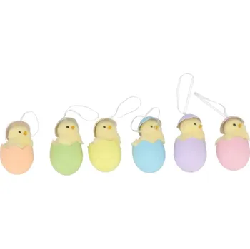 Velikonoční dekorace 6ks závěsná dekorace kuřátko v barevném vajíčku - 7*11 cm