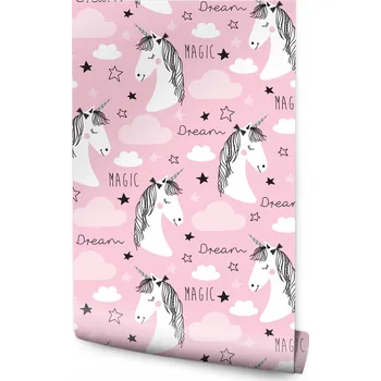Fototapeta Ozdobná tapeta pro dívky - jednorožci a obláčky
