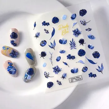 Samolepky na nehty 3D, samolepicí, plastické vzory - MODRÉ KVĚTINY
