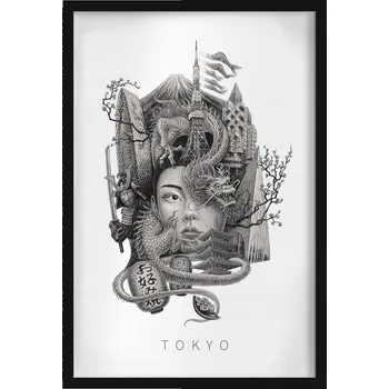 Obraz Ozdobný nástěnný obraz v rámu Černobílý Tokio Drak Višňový květ 40x60 cm