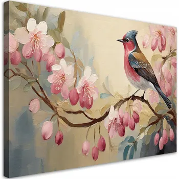 Obraz Obraz na plátně, Pták na větvi, růžové květy, shabby chic 90x60