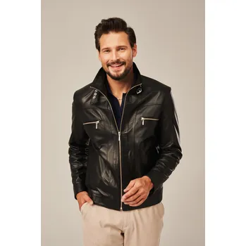 Pánská softshellová bunda Pánská černá kožená bunda se stojáčkem (M - 50)