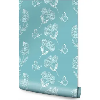 Fototapeta 10m TAPETA Bylinky a Motýli na Tyrkysovém Pozadí