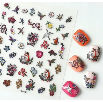 Samolepicí Vypouklé 3D Samolepky na Nehty Vzory LIŠKA HAD KOLIBŘÍK KVĚTINY