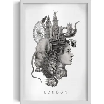 Obraz Plakát Obraz v rámu Černobílý London Big Ben Tower Bridge Autobus 40x60 v rámu 40 x 60 cm