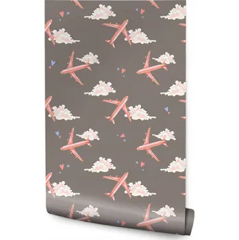 Fototapeta Dětská Tapeta Růžová LETADLA Obláčky Srdíčka