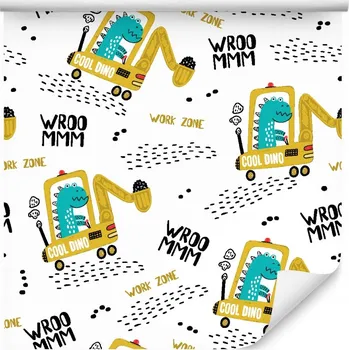 Fototapeta Tapeta pro kluka dinosauři vozidla bagry