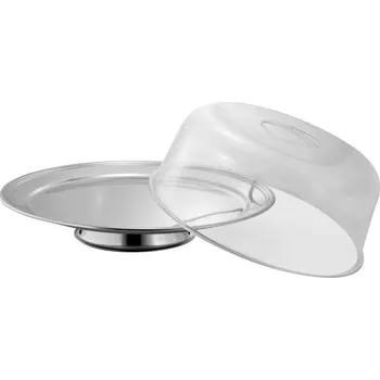 MagicHome Podnos na dort nerezová ocel/průhledné víko 31 cm