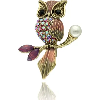 Brož Yvon Vintage brož ve tvaru sovy se skleněnými krystaly a perličkou