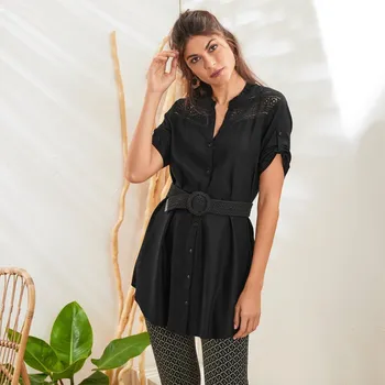 Tunika na knoflíčky s macramé a tuniským výstřihem černá 44