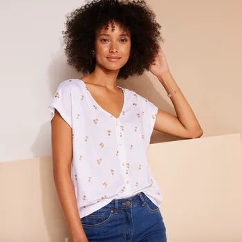 Dámské tričko Tričko na knoflíčky s výstřihem do V, s potiskem třešní bílá/zlatá 42/44