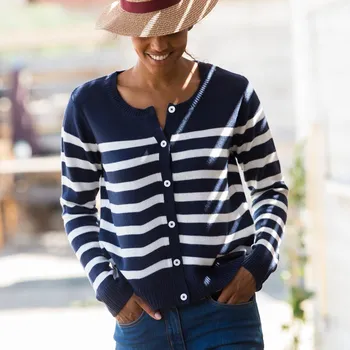 Dámský svetr Pruhovaný svetr na knoflíky nám.modrá/režná 54