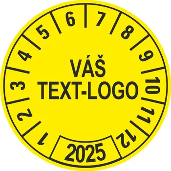 Papír Kontrolní štítek 2025 - Váš text/logo žlutý samolepící PVC fólie arch 30 ks - 25 mm
