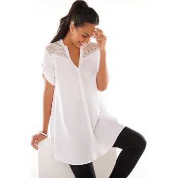 Dámské tričko Tunika na knoflíčky s macramé a tuniským výstřihem bílá 38